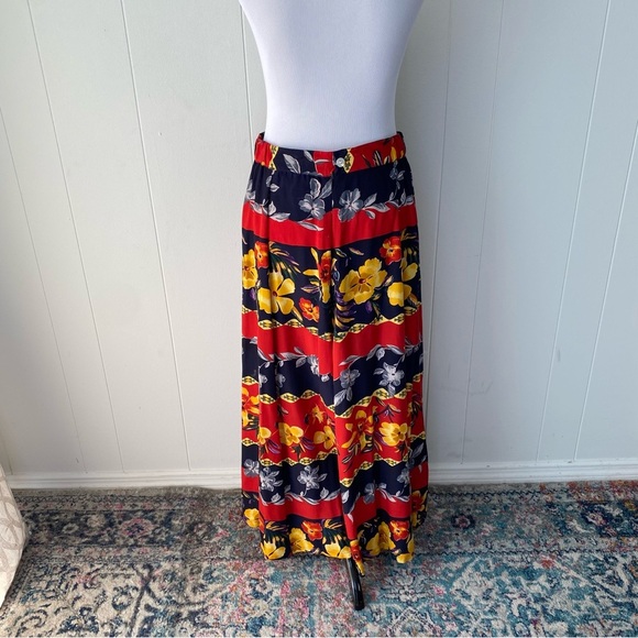 Silk Maxi Skirt Size Large FUDA Vintage Vibrant Red Yellow Blue Floral Tropical - Picture 4 of 16